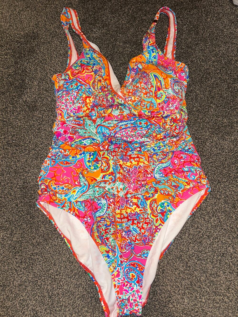 LAUREN Ralph Lauren Colorful Underwired Bra One Piece Swimsuit Size 16